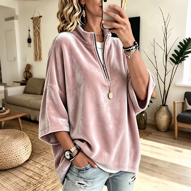Pull ample en velours pour femme | Demi-fermeture éclair et manches 3/4