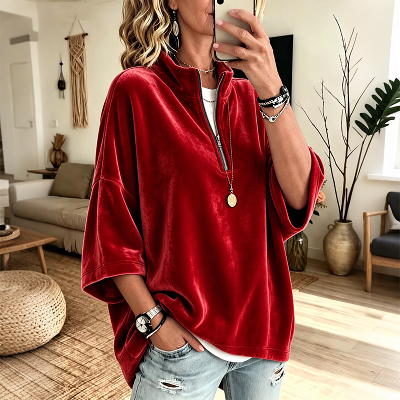 Pull ample en velours pour femme | Demi-fermeture éclair et manches 3/4