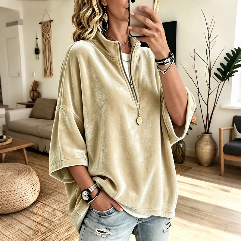 Pull ample en velours pour femme | Demi-fermeture éclair et manches 3/4