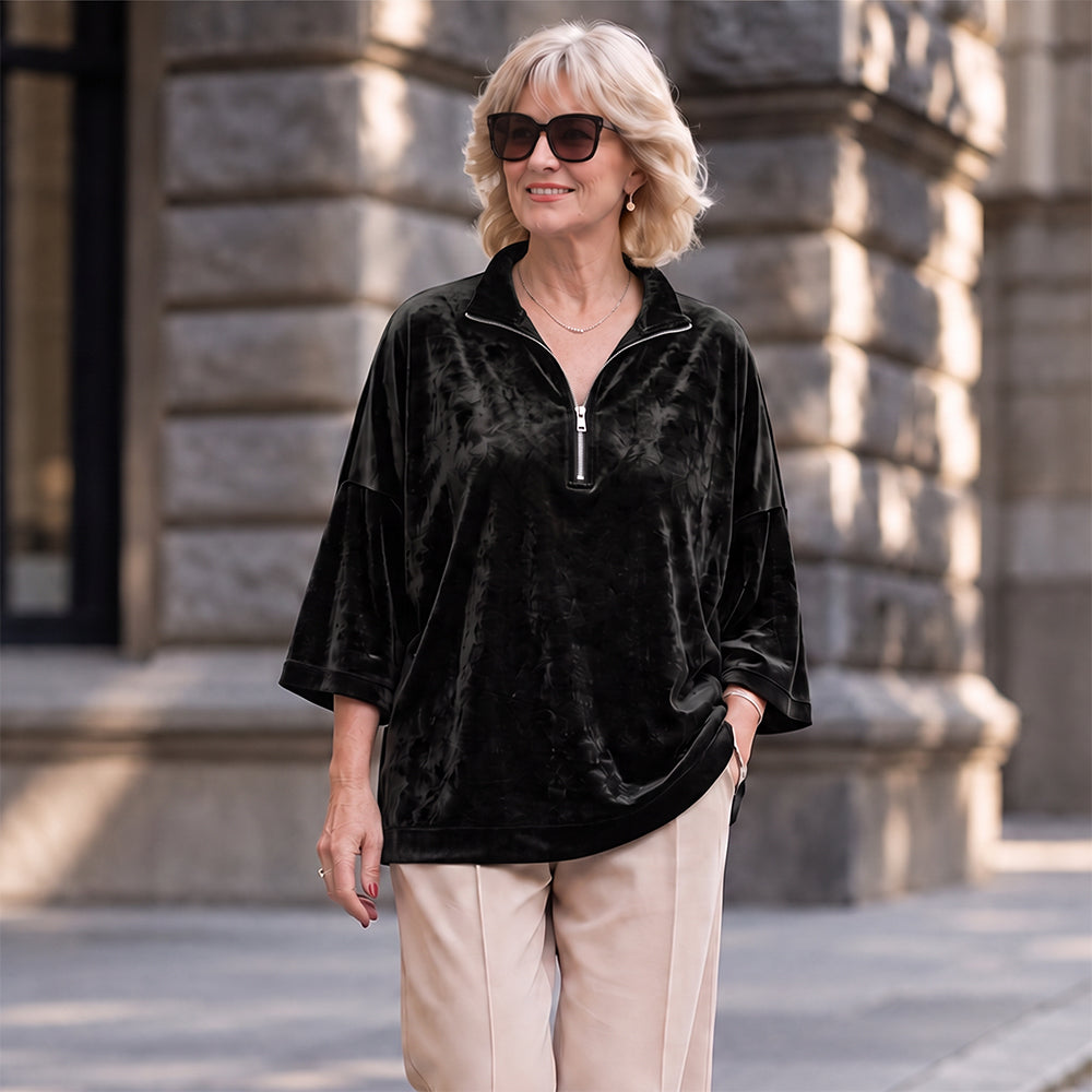 Pull ample en velours pour femme | Demi-fermeture éclair et manches 3/4