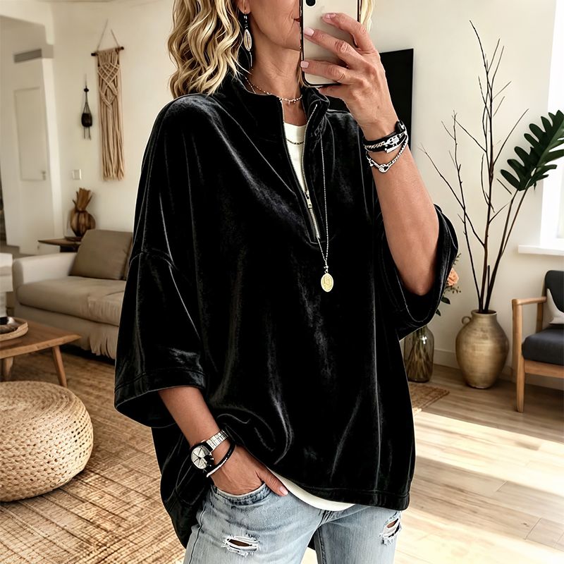Pull ample en velours pour femme | Demi-fermeture éclair et manches 3/4