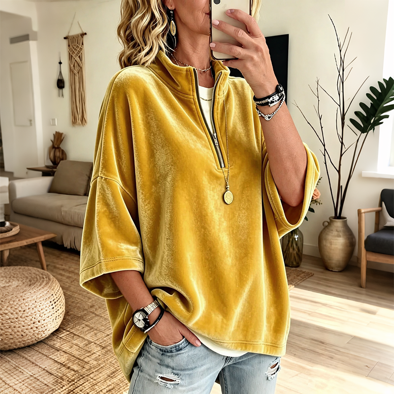 Pull ample en velours pour femme | Demi-fermeture éclair et manches 3/4