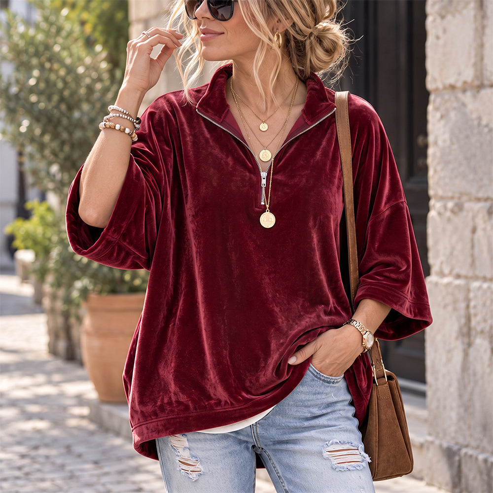 Pull ample en velours pour femme | Demi-fermeture éclair et manches 3/4