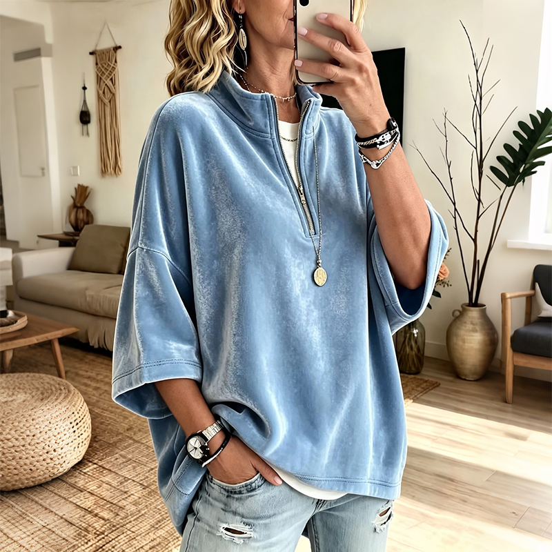 Pull ample en velours pour femme | Demi-fermeture éclair et manches 3/4