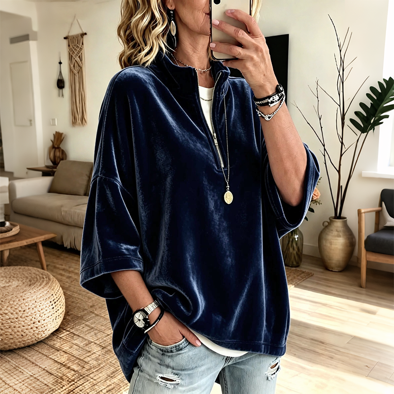 Pull ample en velours pour femme | Demi-fermeture éclair et manches 3/4