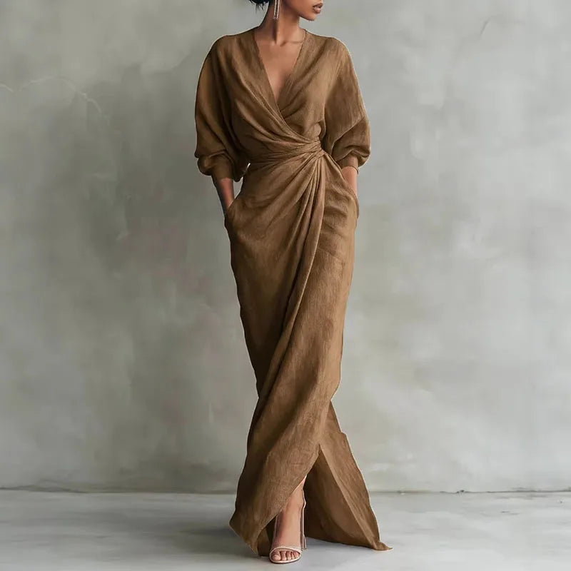 Elowen V Neck Wrap Waist Long Dress