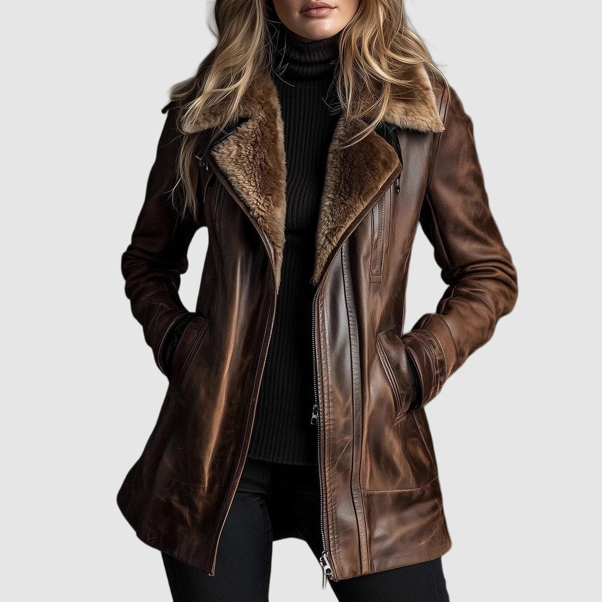 Samara | Veste en cuir à col façon peau lainée et fermeture éclair