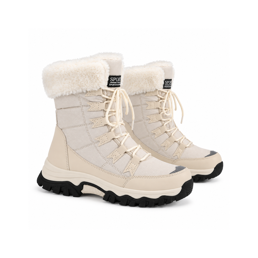 Paire de bottes d’hiver isolées crème pour femme, entièrement visible sur fond blanc