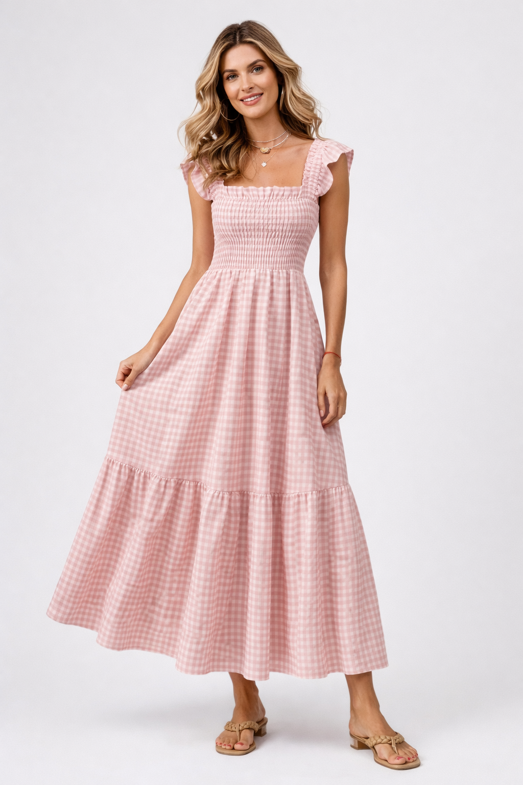 Martine | Robe longue vichy à smocks