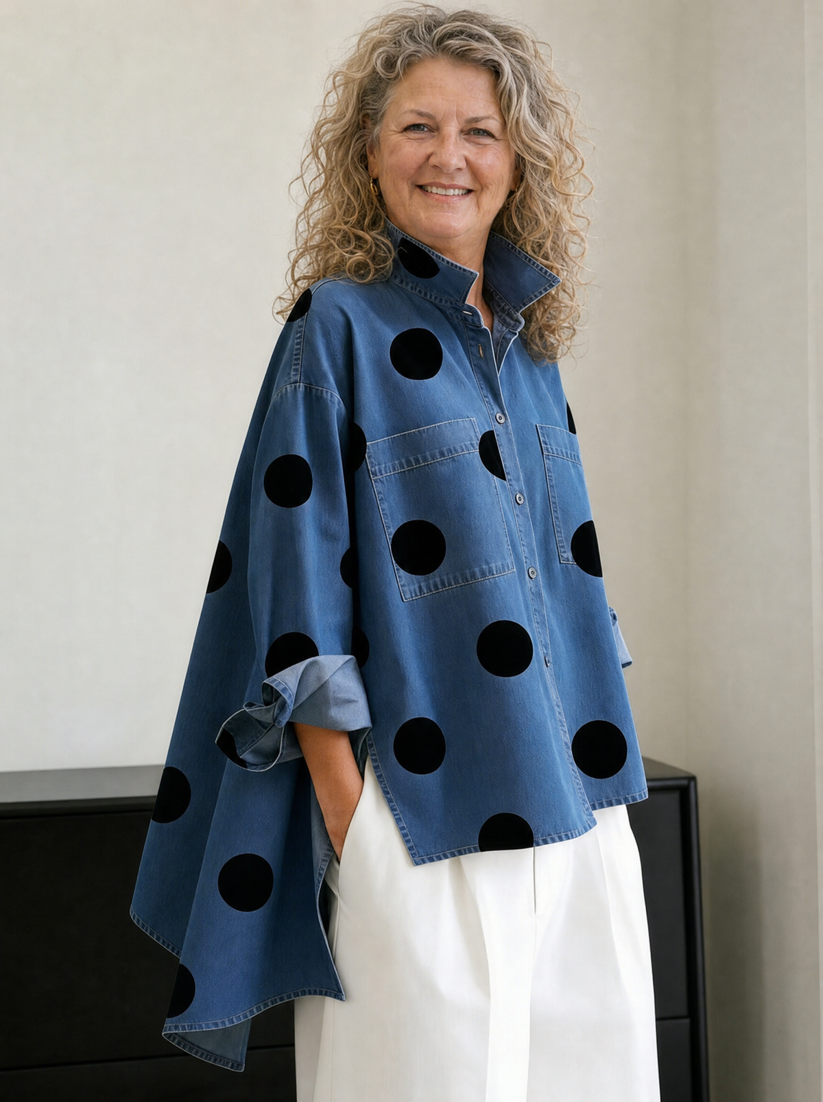 Nadia | Chemise ample effet denim à pois et col montant