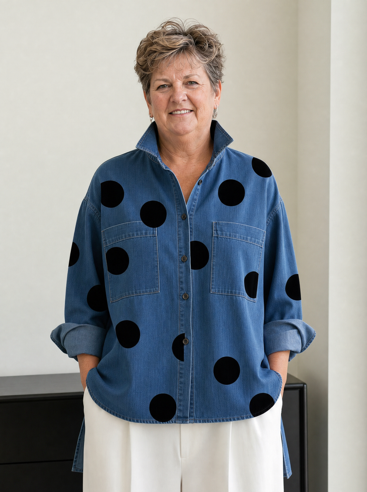 Nadia | Chemise ample effet denim à pois et col montant