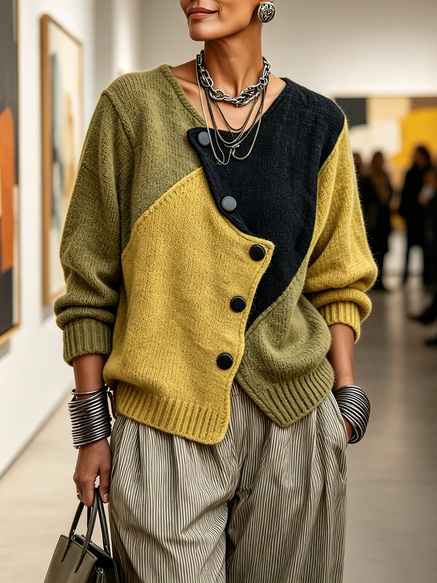 Colette | Cardigan en tricot à blocs de couleurs asymétriques