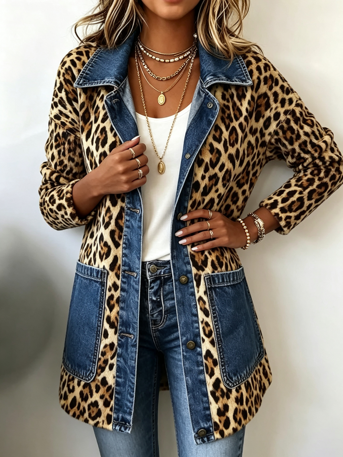Fablenne™ | Veste longue à empiècements en denim et imprimé léopard