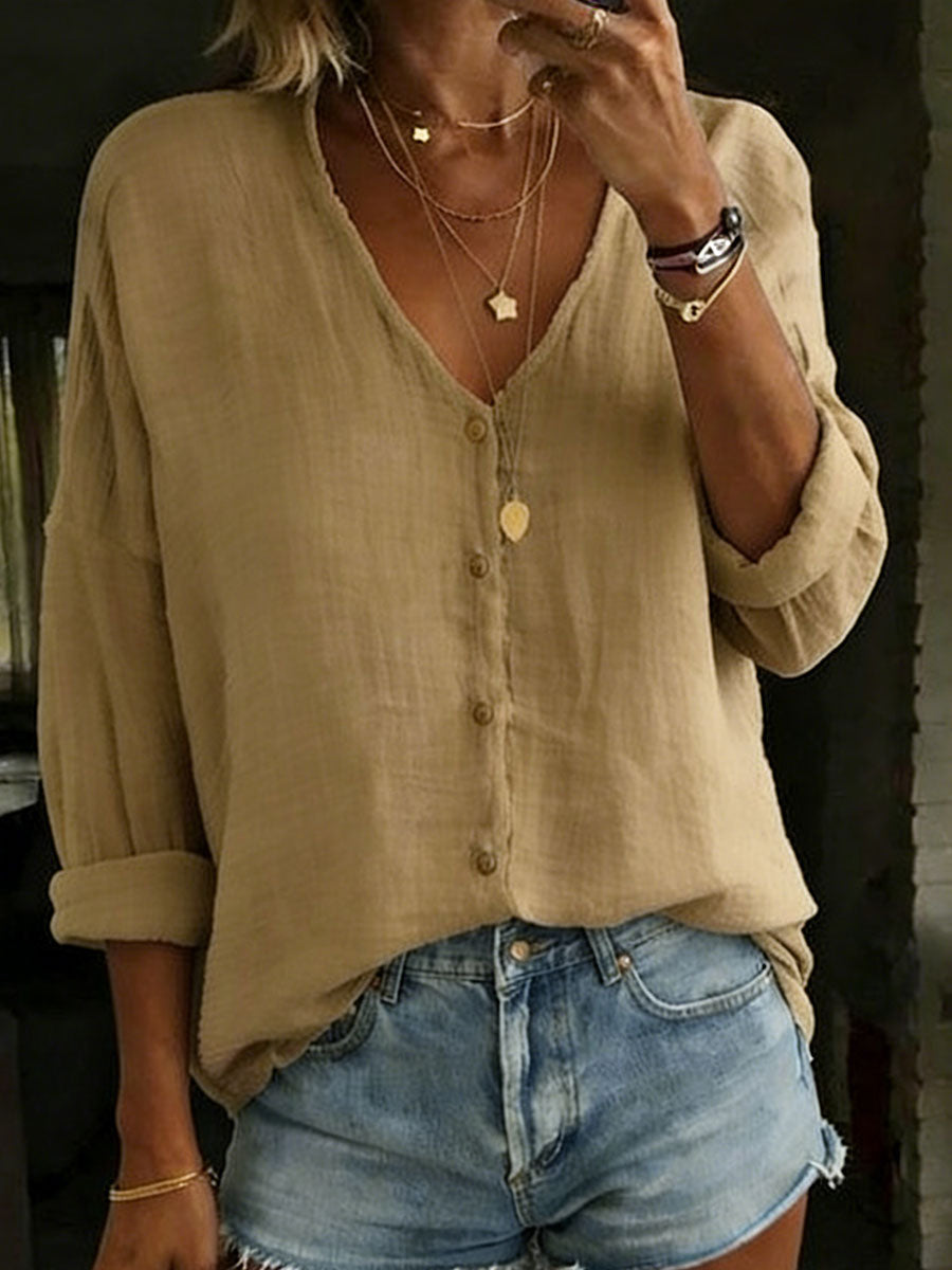Chemise ample unie à manches longues en coton et lin