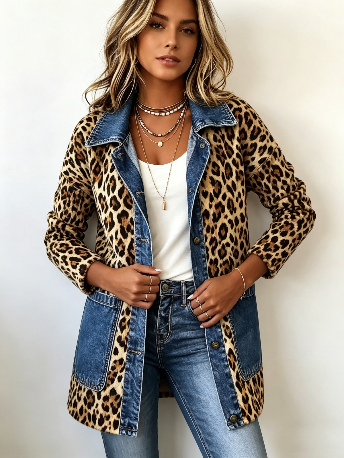 Fablenne™ | Veste longue à empiècements en denim et imprimé léopard