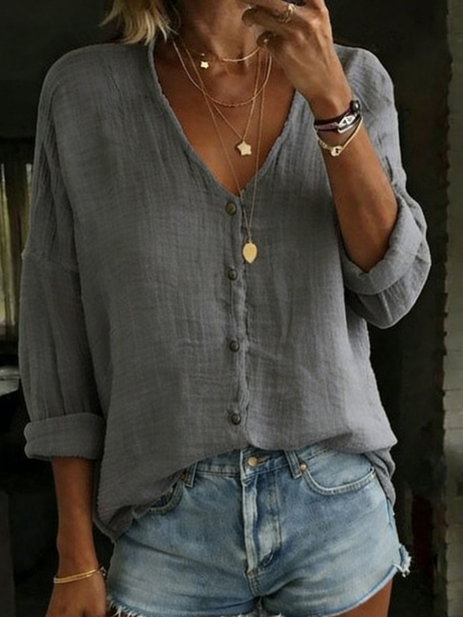 Chemise ample unie à manches longues en coton et lin