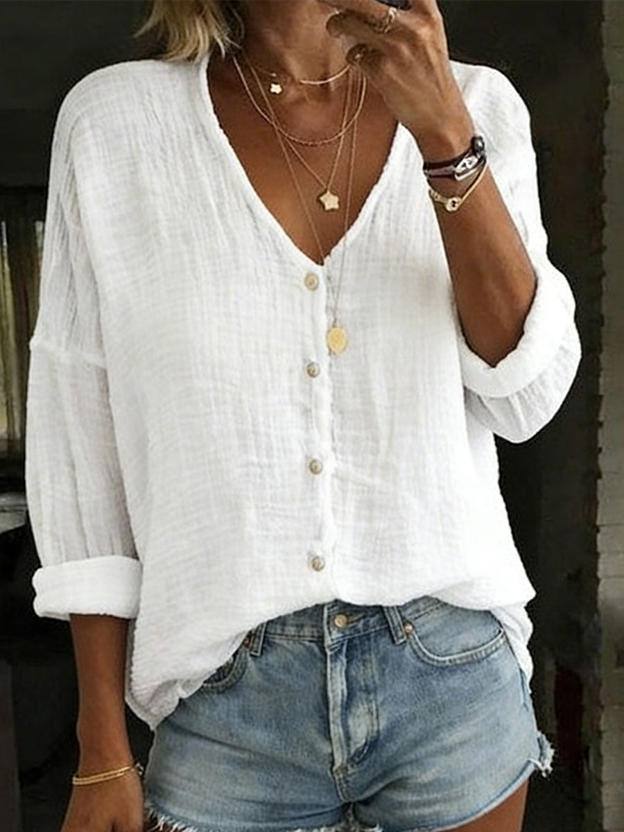 Chemise ample unie à manches longues en coton et lin