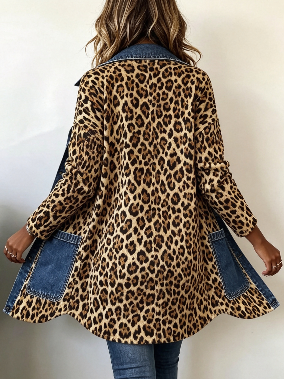 Fablenne™ | Veste longue à empiècements en denim et imprimé léopard