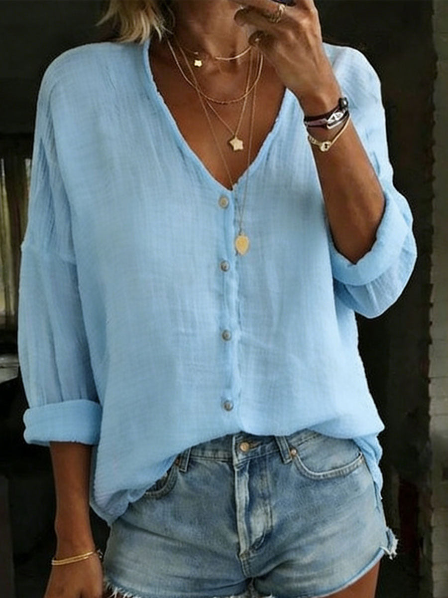 Chemise ample unie à manches longues en coton et lin