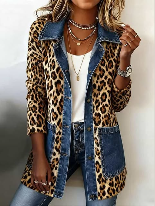 Fablenne™ | Veste longue à empiècements en denim et imprimé léopard