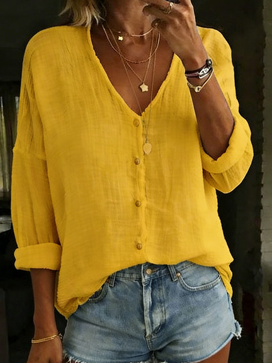 Chemise ample unie à manches longues en coton et lin