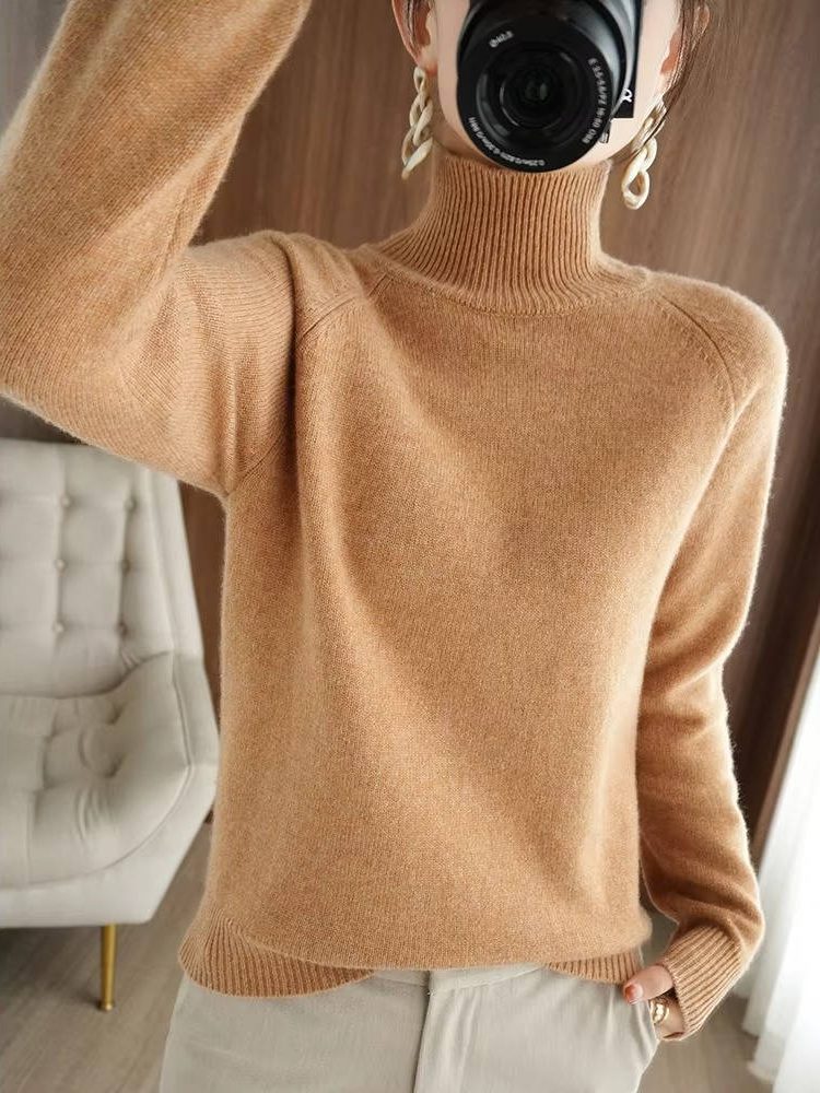 Merino Wool Ribbed Knit Sweater with Roll Neck for Women