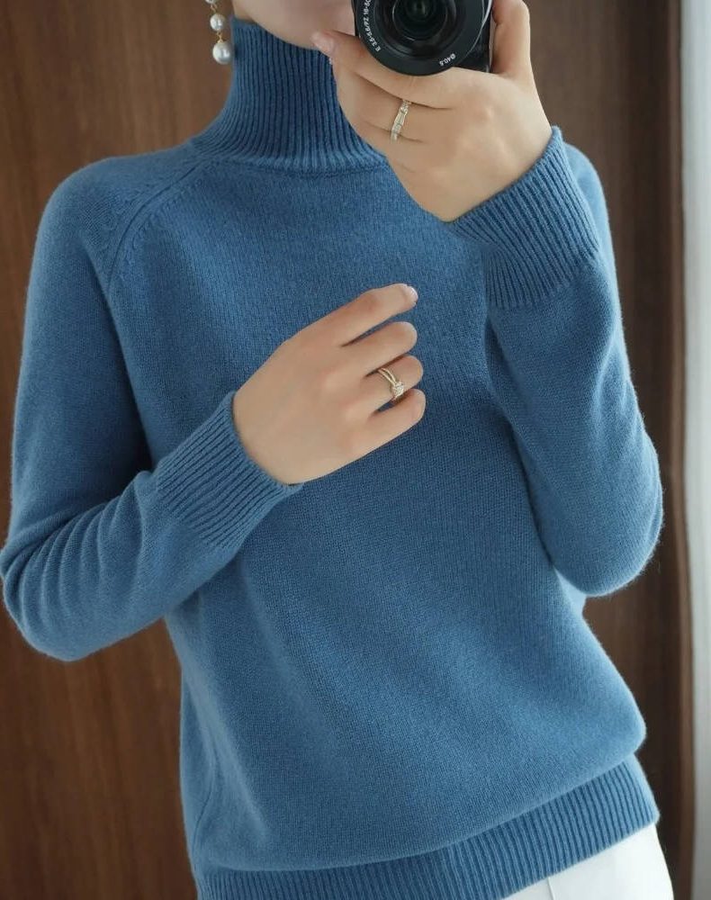 Merino Wool Ribbed Knit Sweater with Roll Neck for Women